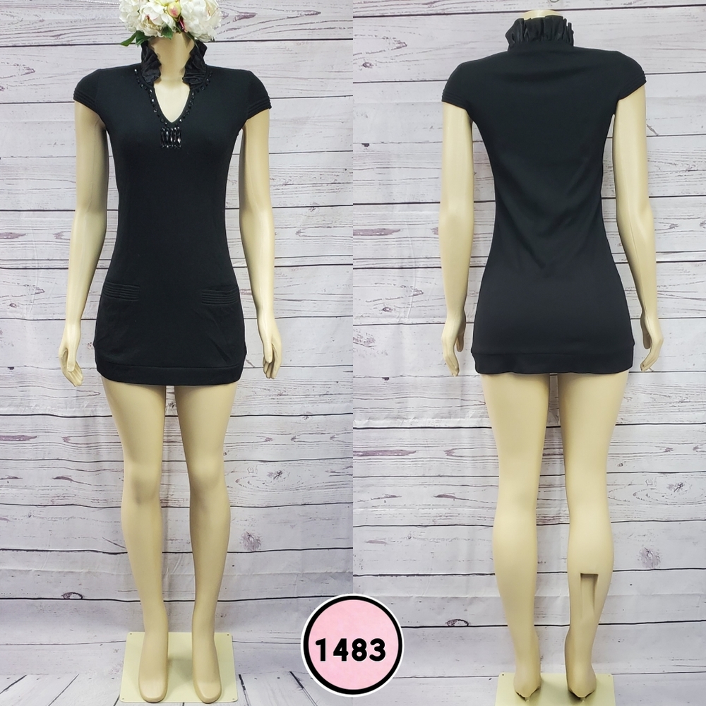 korean small black stretch colar mini dress